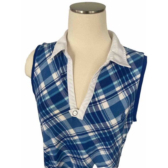 Lauren Ralph Lauren Active Plaid Blue White Preppy Collard Tank Sleeveless XL - Picture 2 of 7